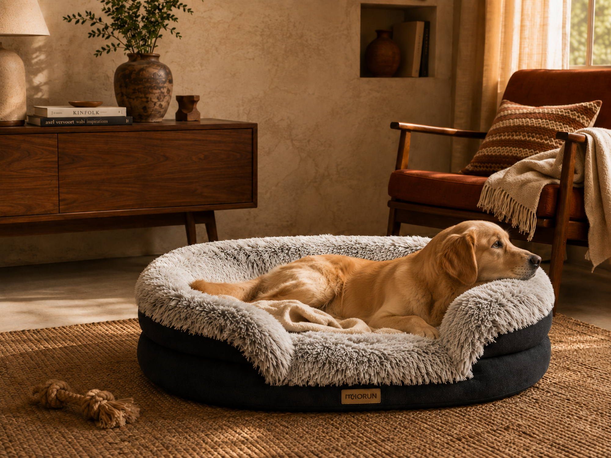 Dog resting in a Miorun orthopedic dog bed