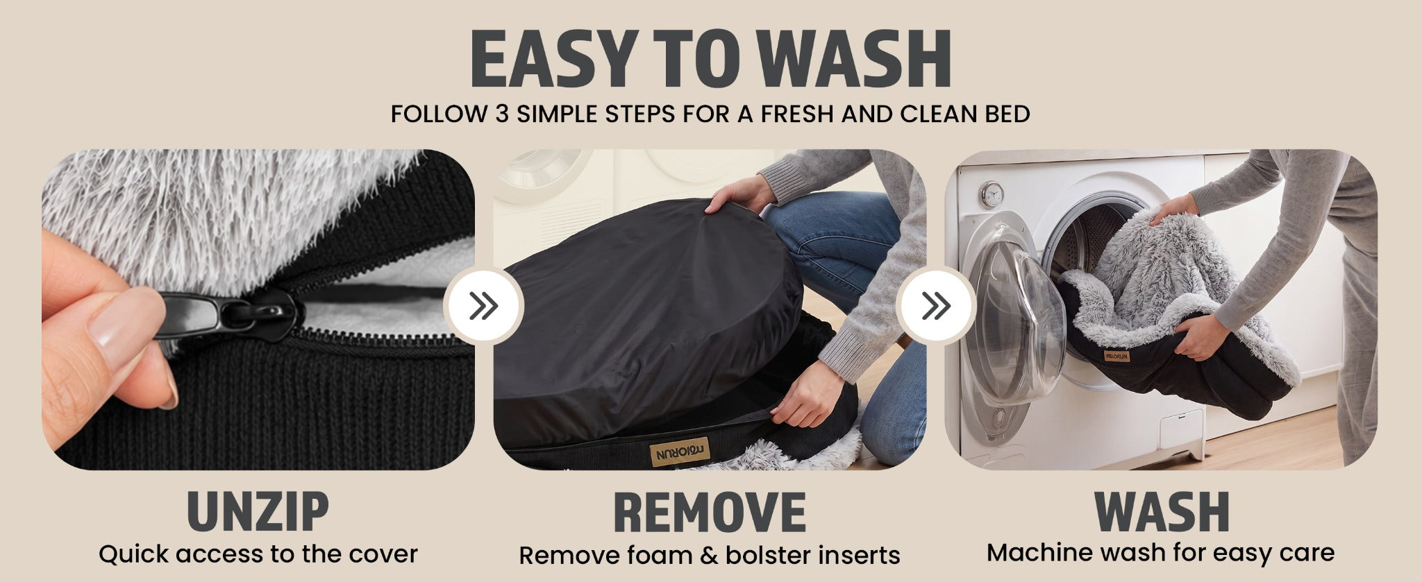 Three steps to unzip, remove and wash the dog bed cover
